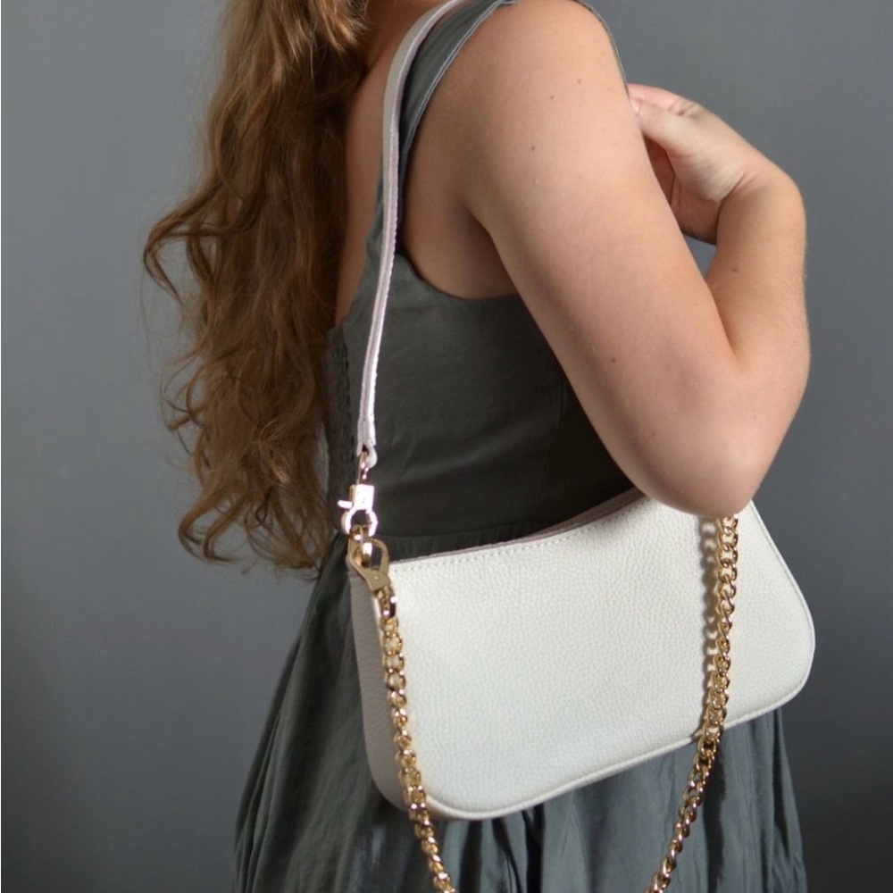 White Genuine Leather Baguette Bag